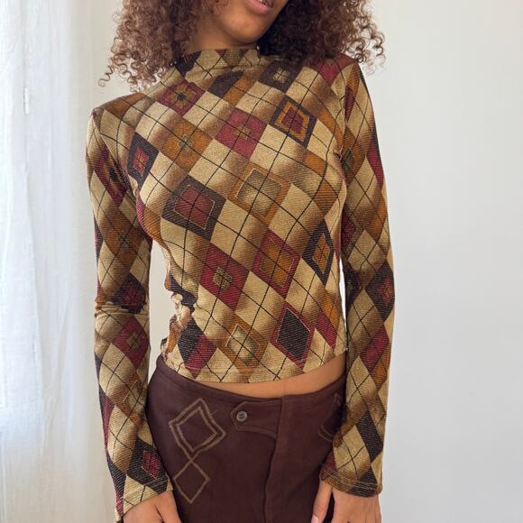Vintage Euro shimmer argyle mesh-knit fitted long sleeve top (Small) - Picture 4 of 6